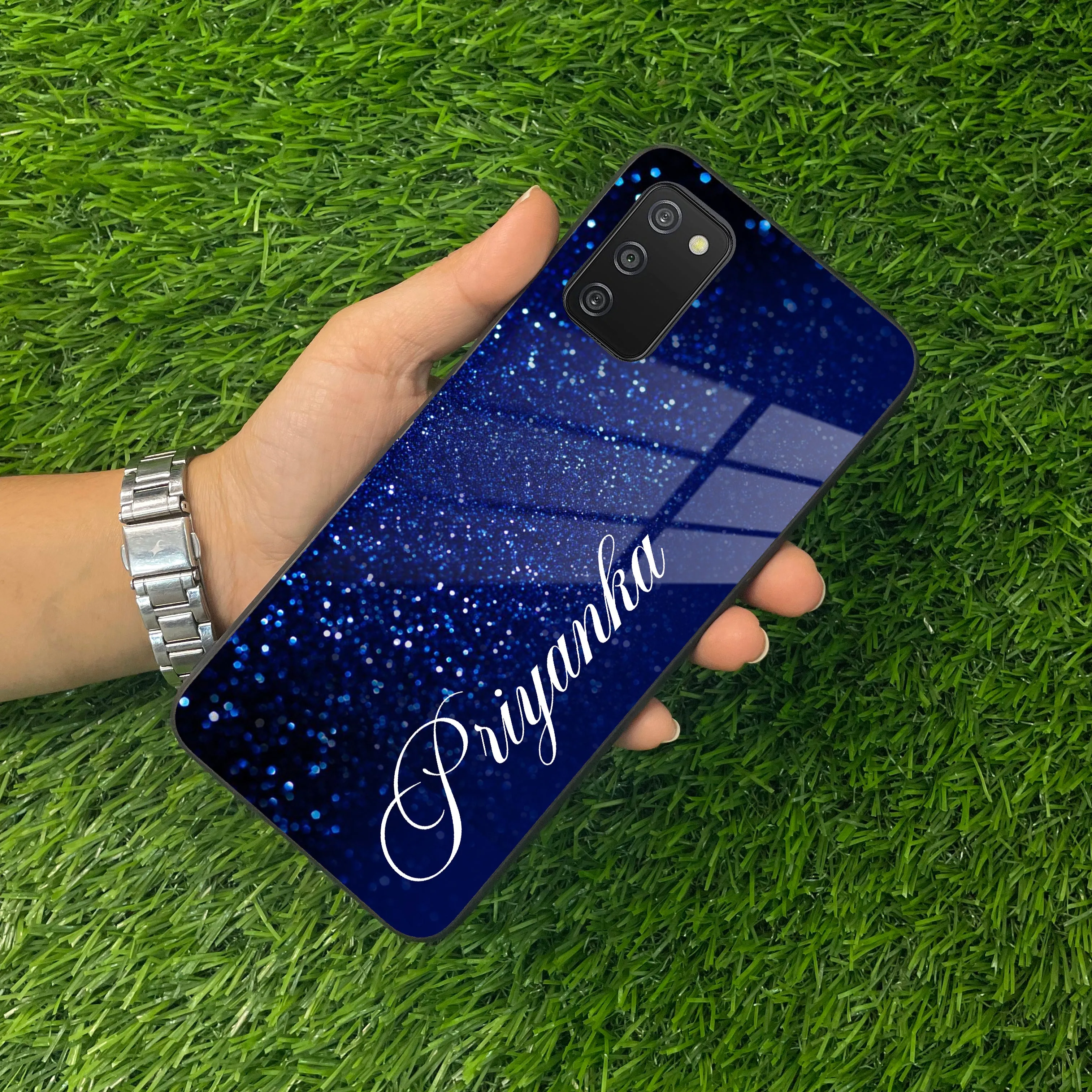 Blue Glitter Customize Glass Case Cover For Samsung