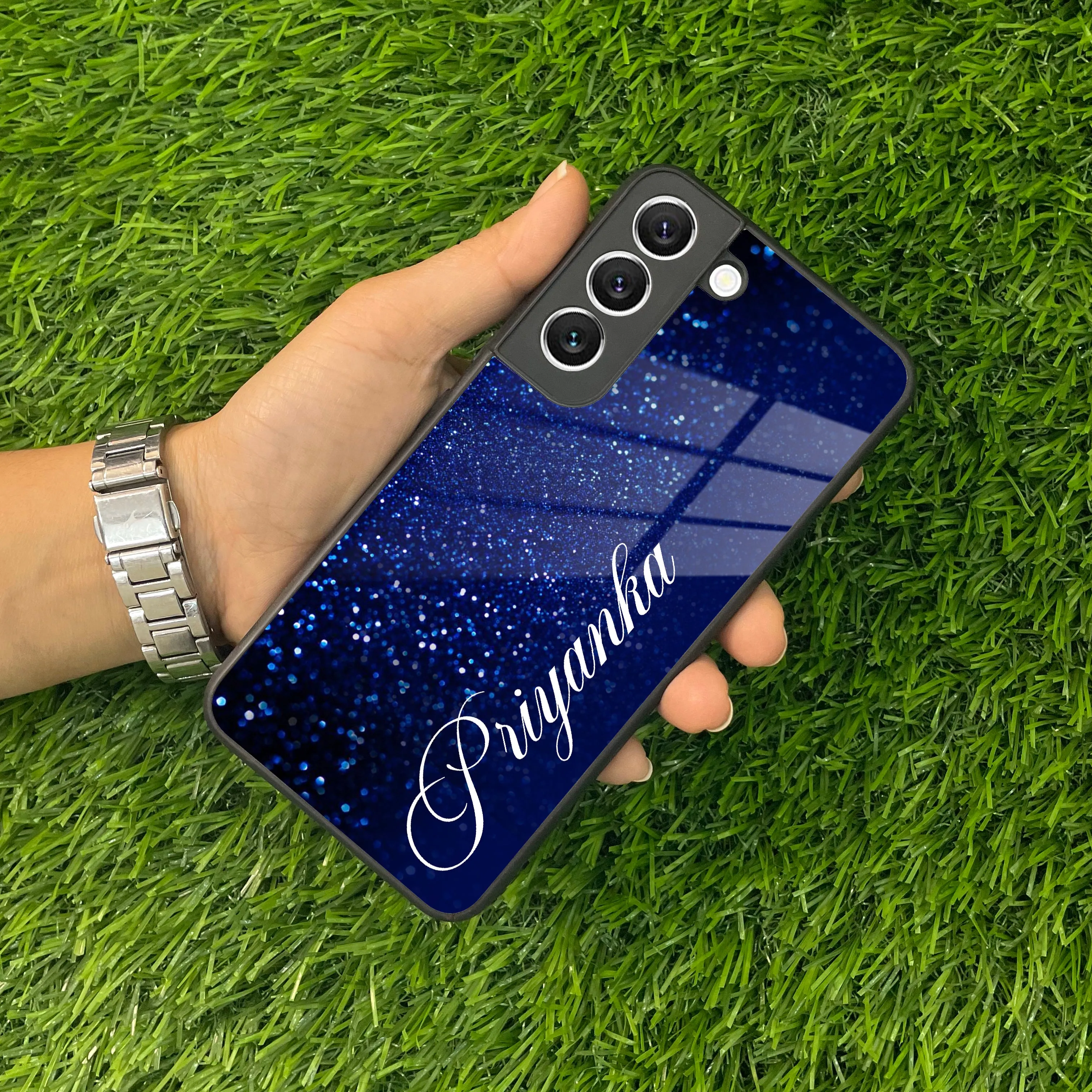 Blue Glitter Customize Glass Case Cover For Samsung