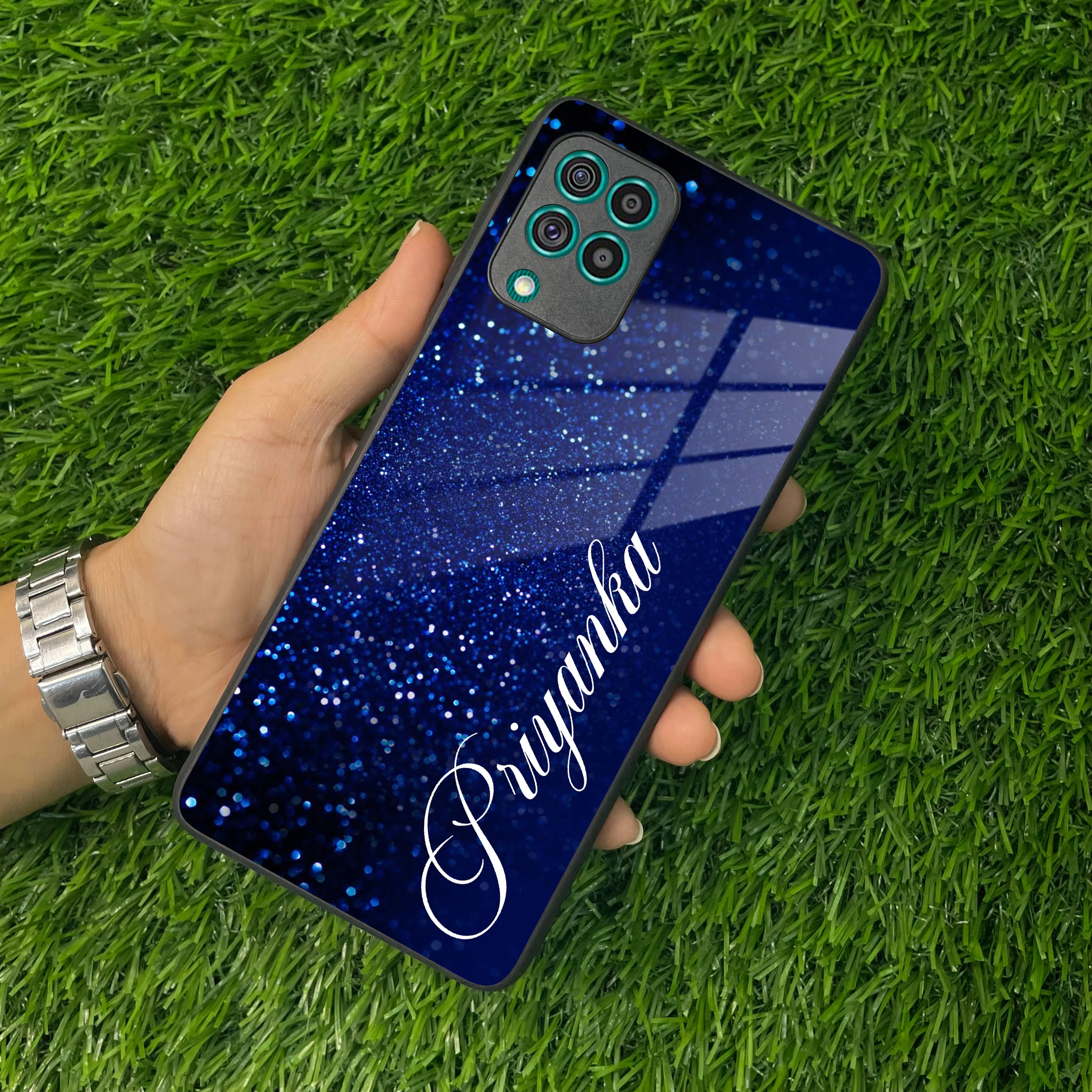 Blue Glitter Customize Glass Case Cover For Samsung