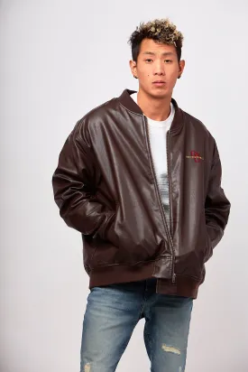 Brown faux Leather Bomber Jacket-embroidered the story quote