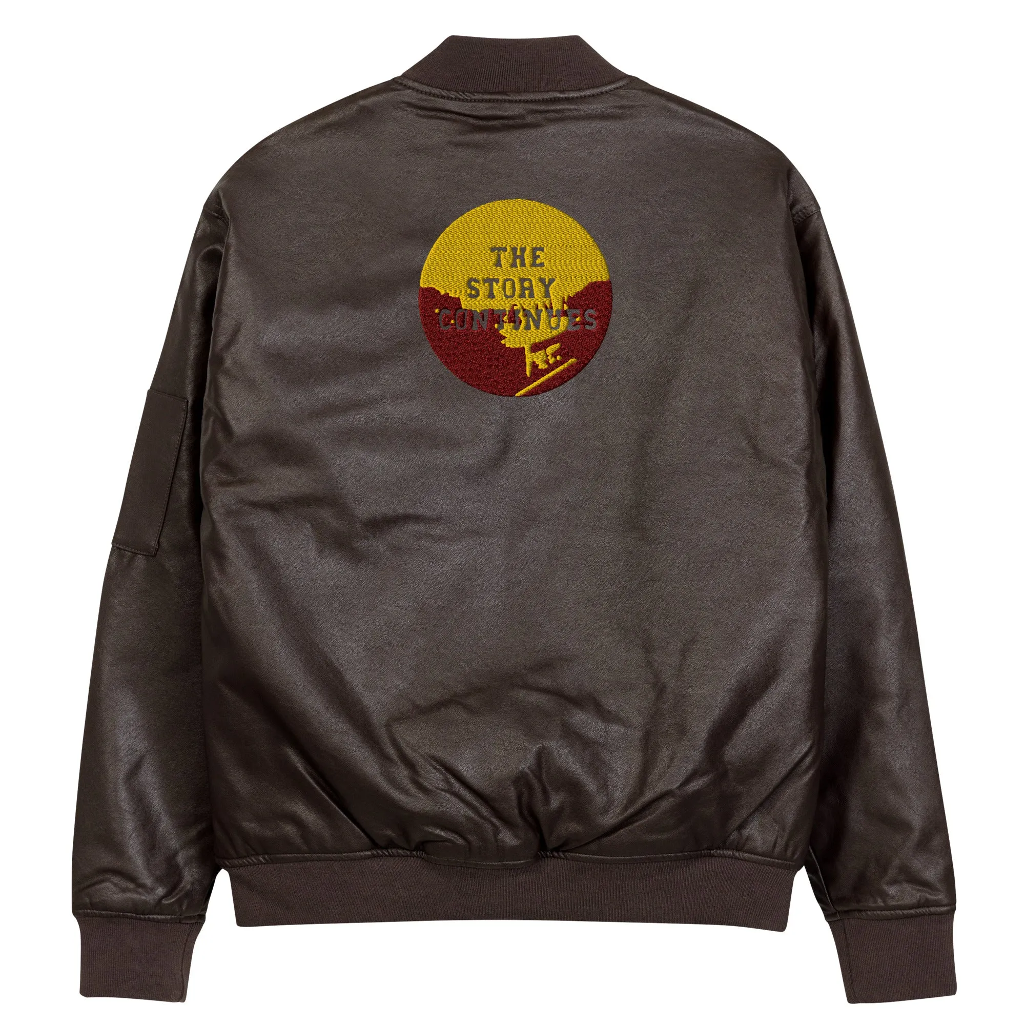 Brown faux Leather Bomber Jacket-embroidered the story quote