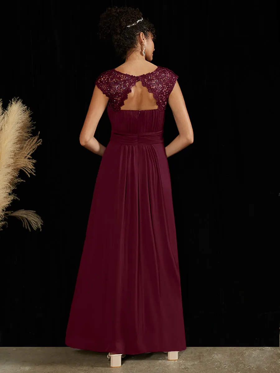 Burgundy Chiffon Lace Open Back Elegant Long Formal Occasion Party Gown