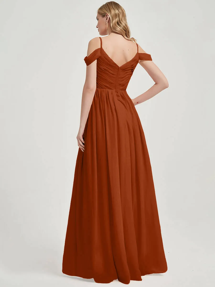 Burnt Orange Spaghetti Straps Pleated Chiffon Bridesmaid Dress