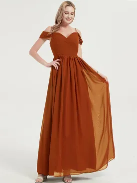 Burnt Orange Spaghetti Straps Pleated Chiffon Bridesmaid Dress