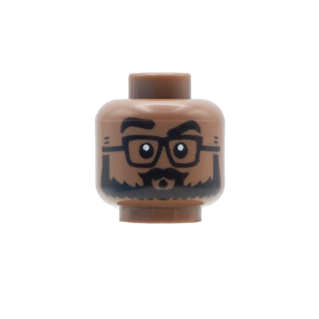 Bushy Beard Square Glasses Big Grin / Whistling  (Medium Brown) - LEGO Minifigure Head