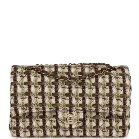 Chanel Medium Classic Double Flap Bag Brown, Green, and White Tweed Light Gold Hardware