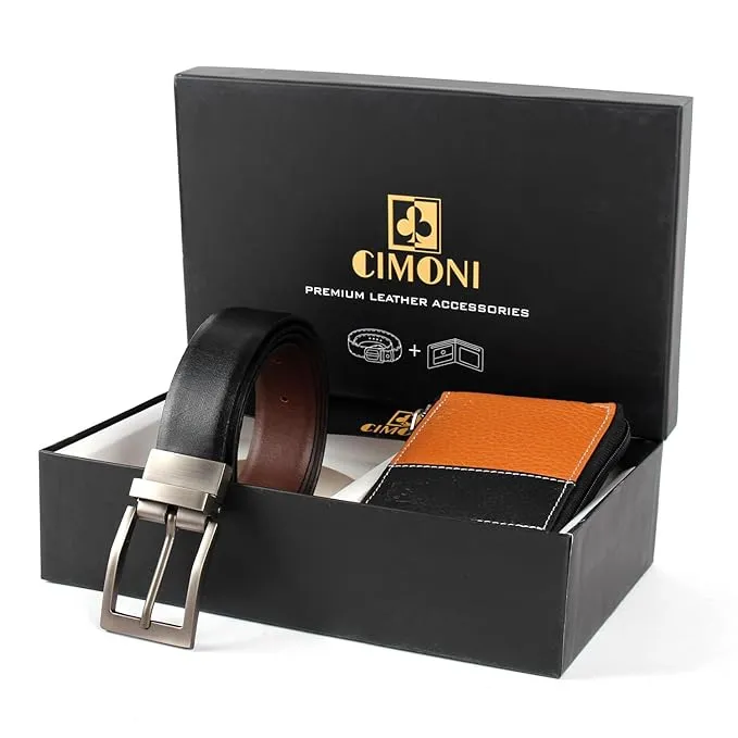 CIMONI® Premium Vegan Leather Belt & Wallet Combo for Men RFID Protection Dual Tone Wallets & Reversible Belts