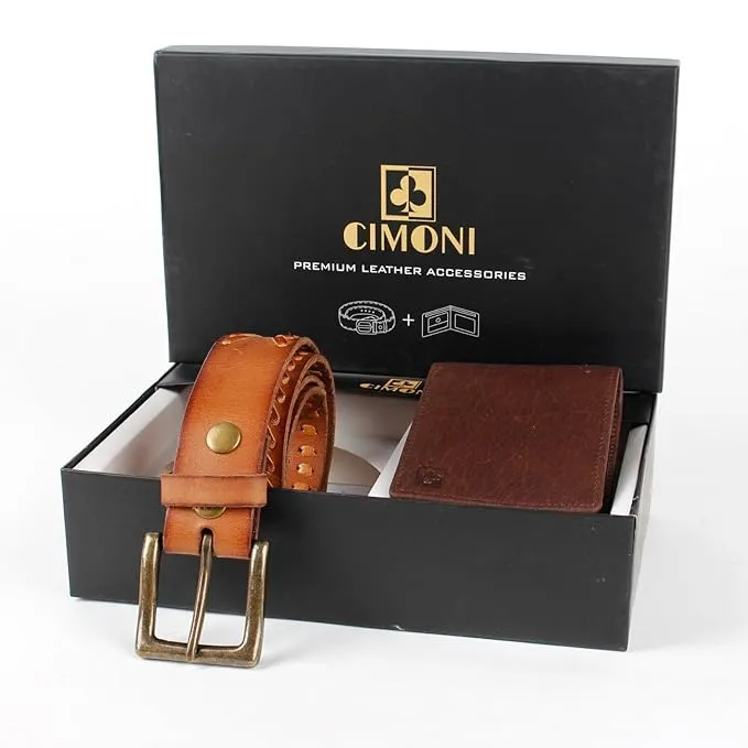 CIMONI® Premium Vegan Leather Belt & Wallet Combo for Men RFID Protection Textured Wallets