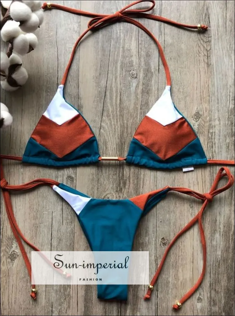 Color Block White Brown Blue Bikini Set Women’s Swimming Suit Halter Drawstring Bathing Suit