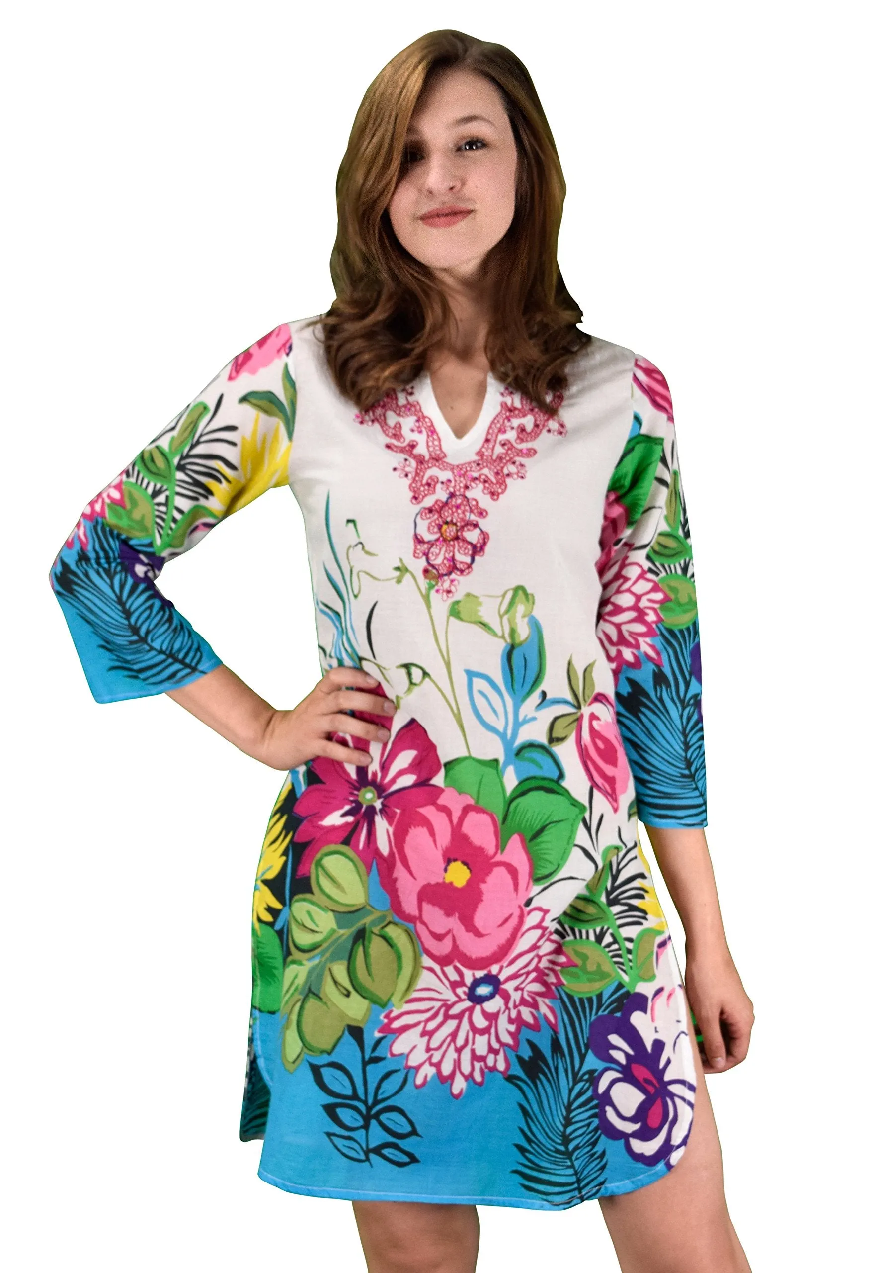 Cotton Floral Embroidered Vintage Petite Tunic Coverup Beachwear