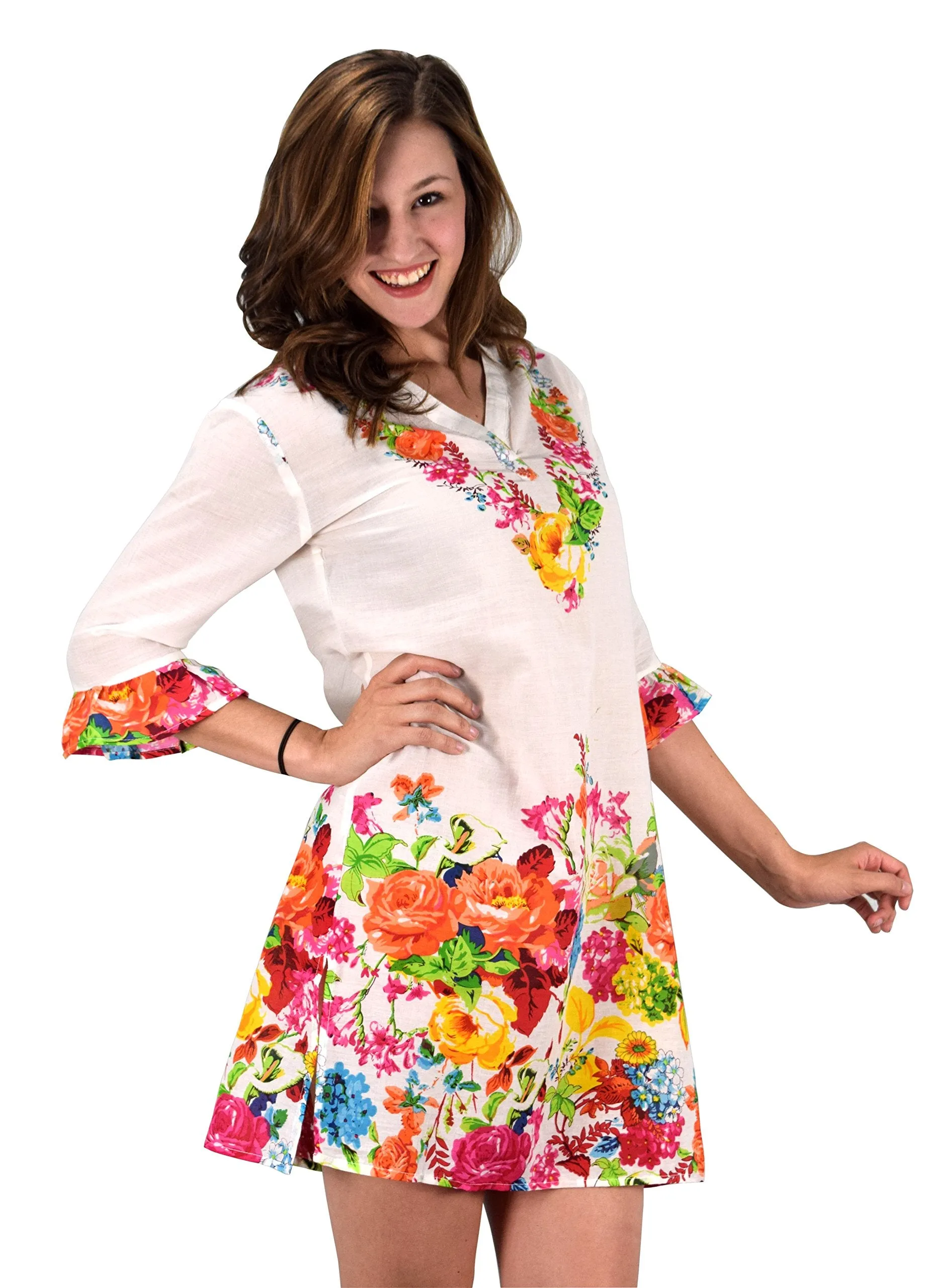 Cotton Floral Embroidered Vintage Petite Tunic Coverup Beachwear