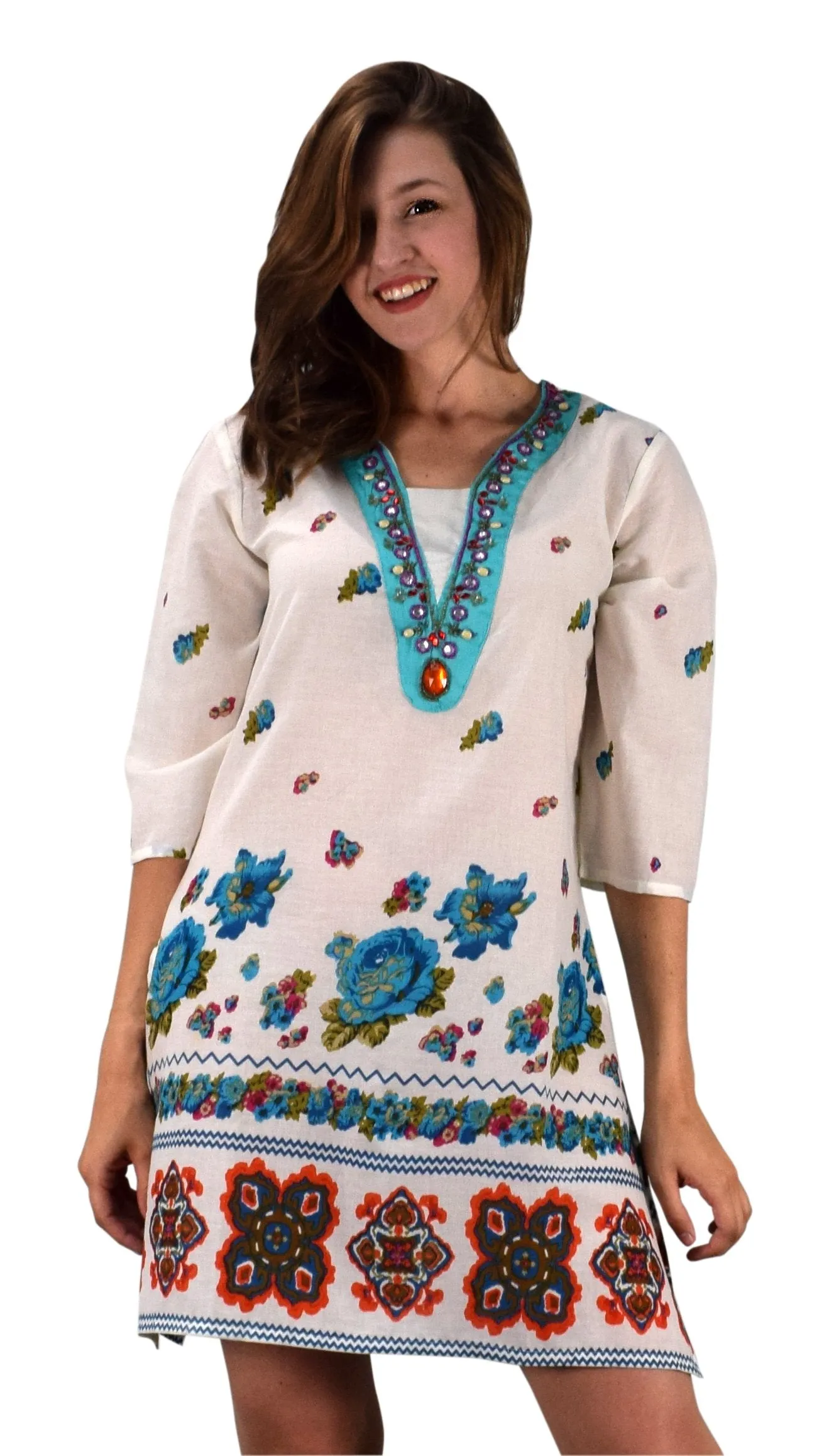 Cotton Floral Embroidered Vintage Petite Tunic Coverup Beachwear