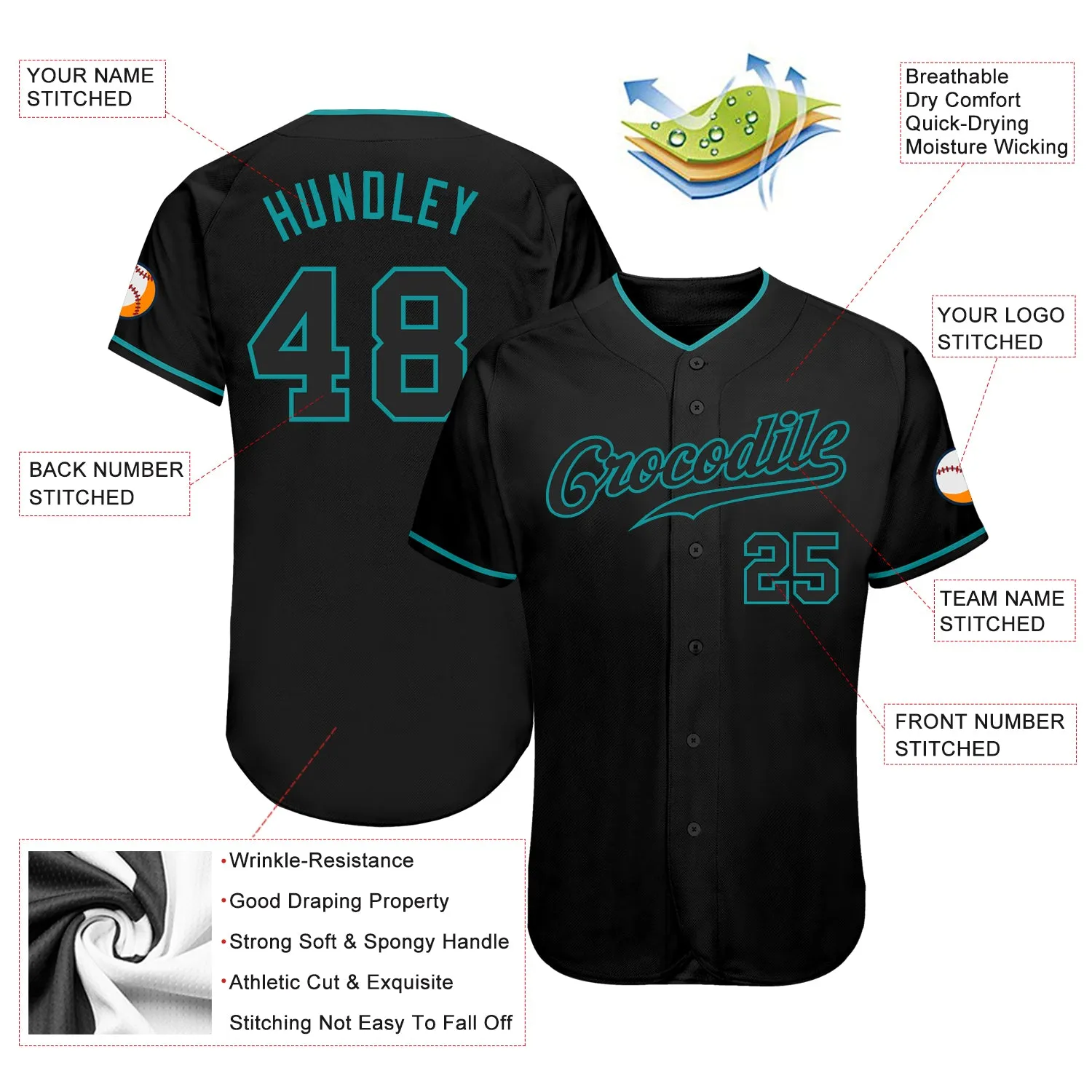 Custom Black Black-Teal Authentic Baseball Jersey