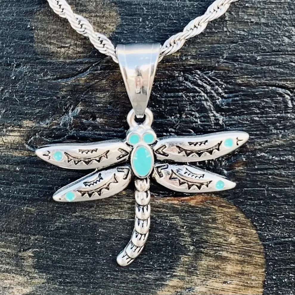 Dragonfly Turquoise Mini - Pendant - Rope Necklace - SK2530M