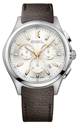 Ebel Wave Chronograph Stainless Steel Brown Leather Strap Silver Dial Date Quartz Mens Watch 1216341