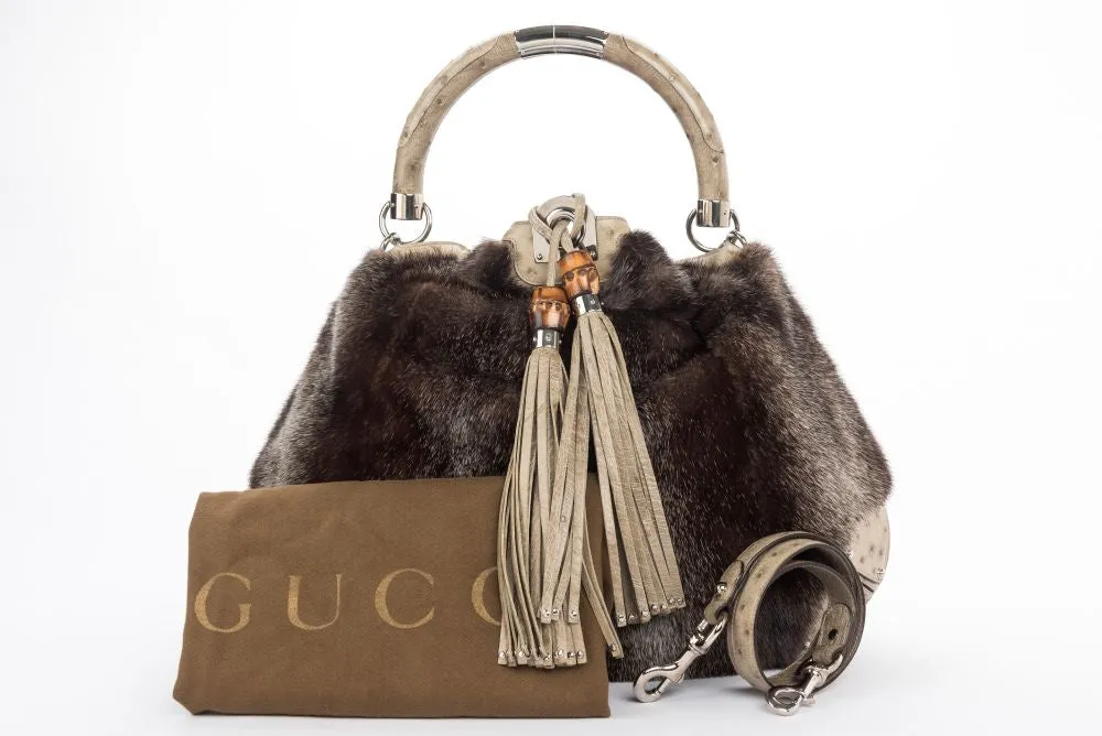 (Exotic) Gucci Limited Edition Indy Bag (182388 000926) in Mink & Ostrich, with Dust Cover