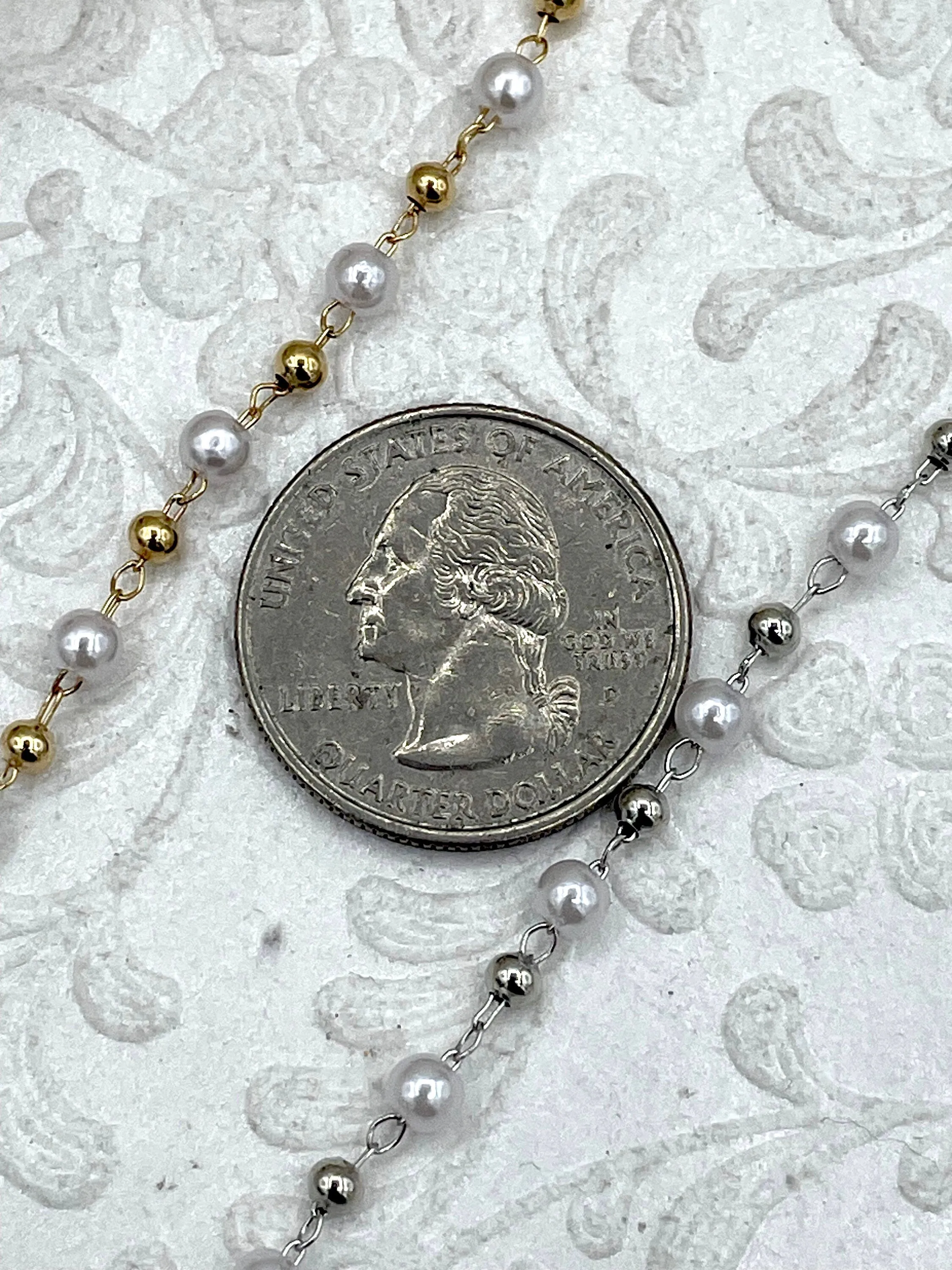 Faux Pearl Beaded Rosary Chain, 4mm White Pearls with Gold or Silver Wire and Accents, Plated Brass Wire, Sold by the foot, Fast Ship