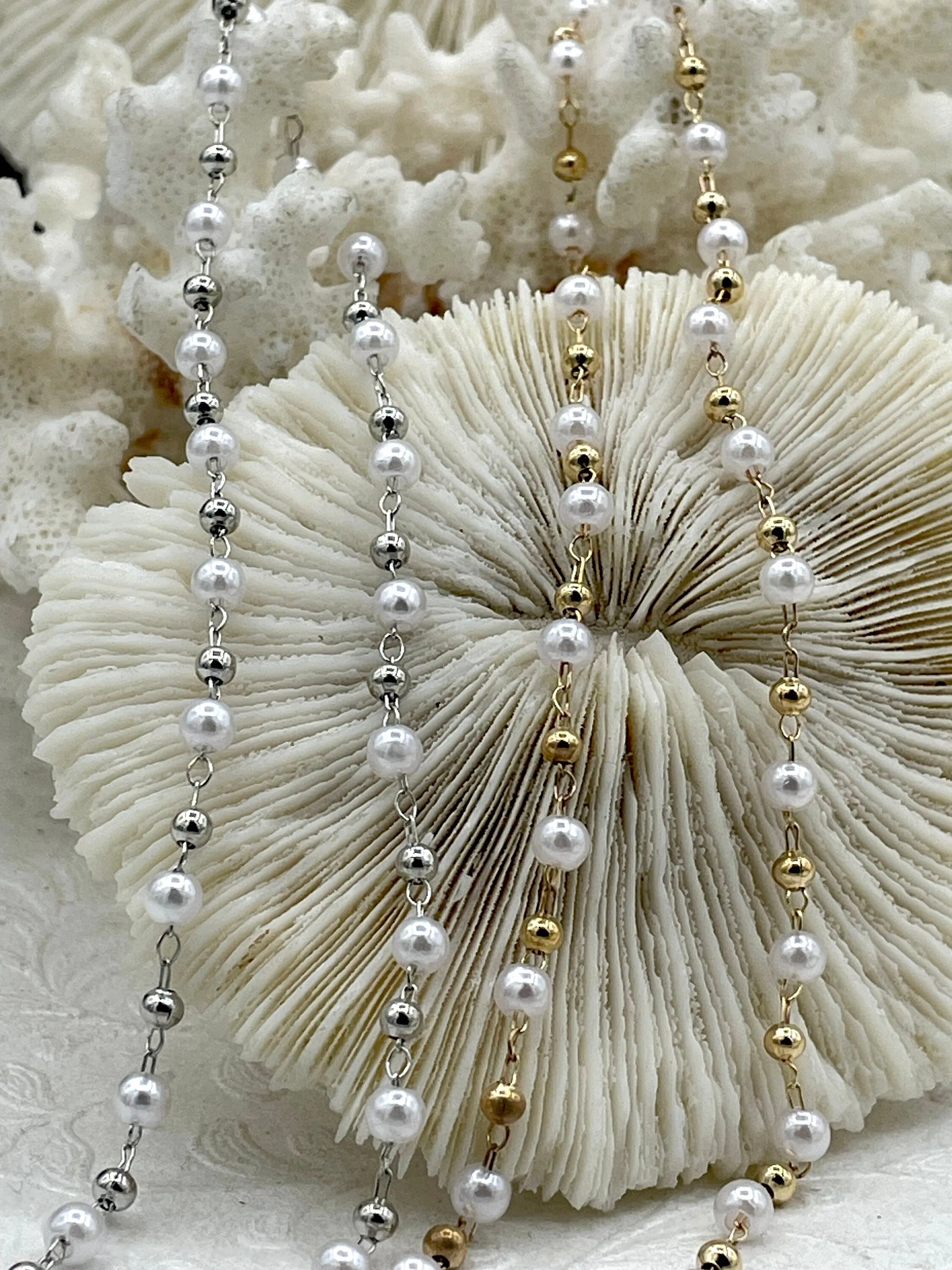 Faux Pearl Beaded Rosary Chain, 4mm White Pearls with Gold or Silver Wire and Accents, Plated Brass Wire, Sold by the foot, Fast Ship