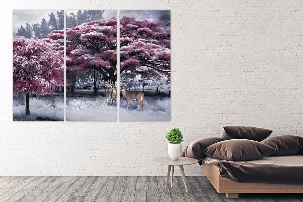 Forest wall art paintings on canvas Nature painting home wall decor wood wall art multi panel wall art extra large wall art pink trees art