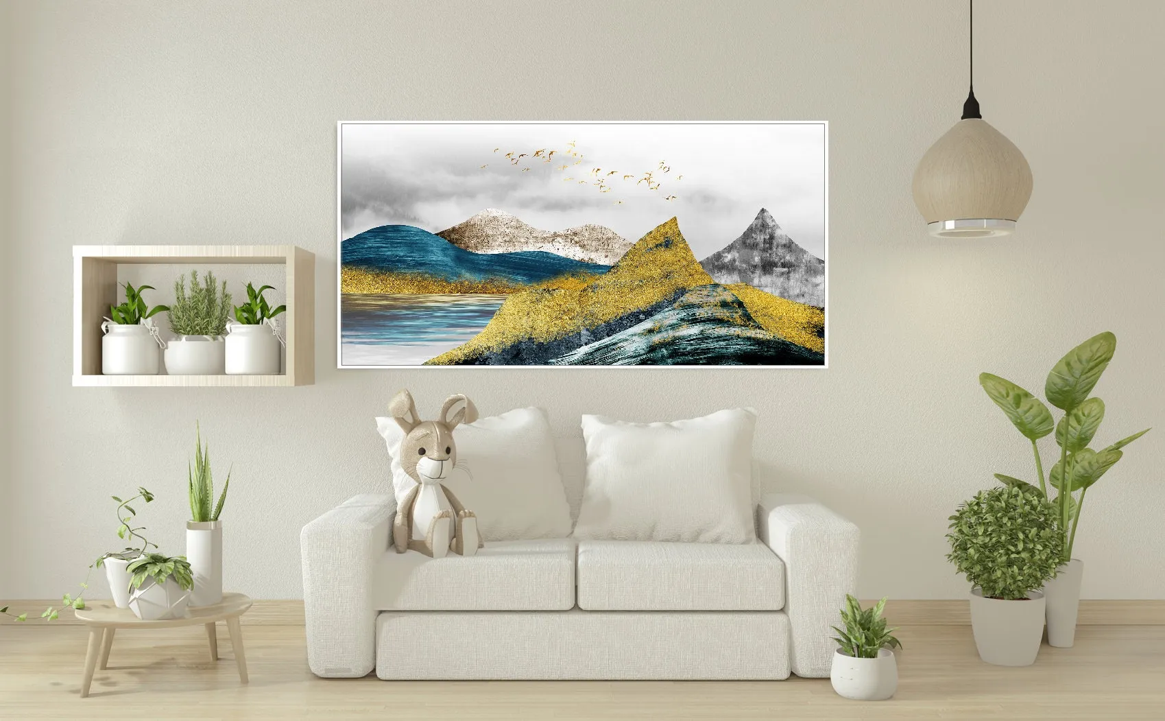 Golden mountains framed wall art, printable landscape artwork in floater frame, large blue gold canvas print, living room canvas wall art