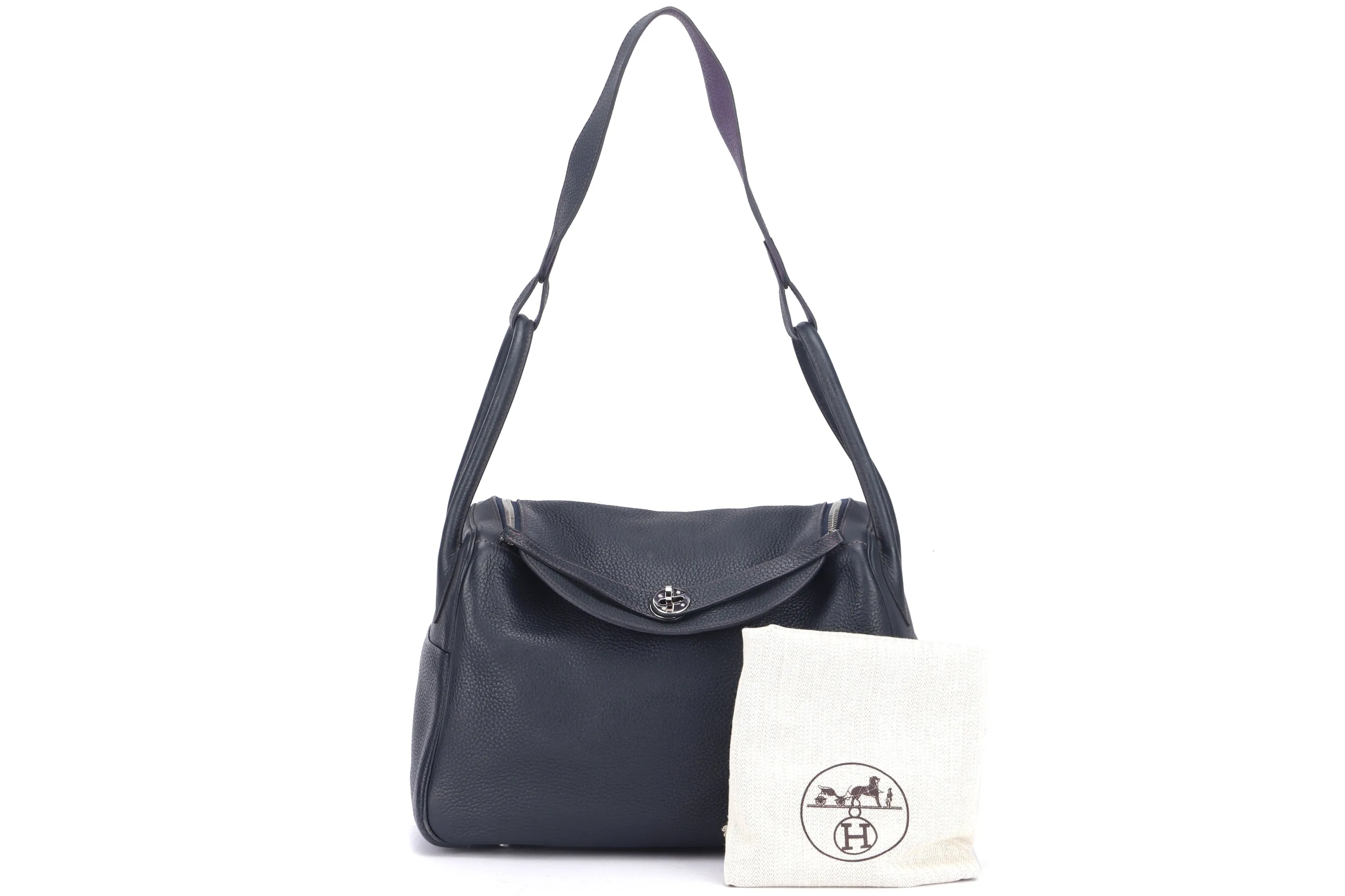 HERMES LINDY 34 (STAMP Q) TWO TONE COLOR DARK BLUE & CASSIS COLOR, SILVER HARDWARE, WITH DUST COVER