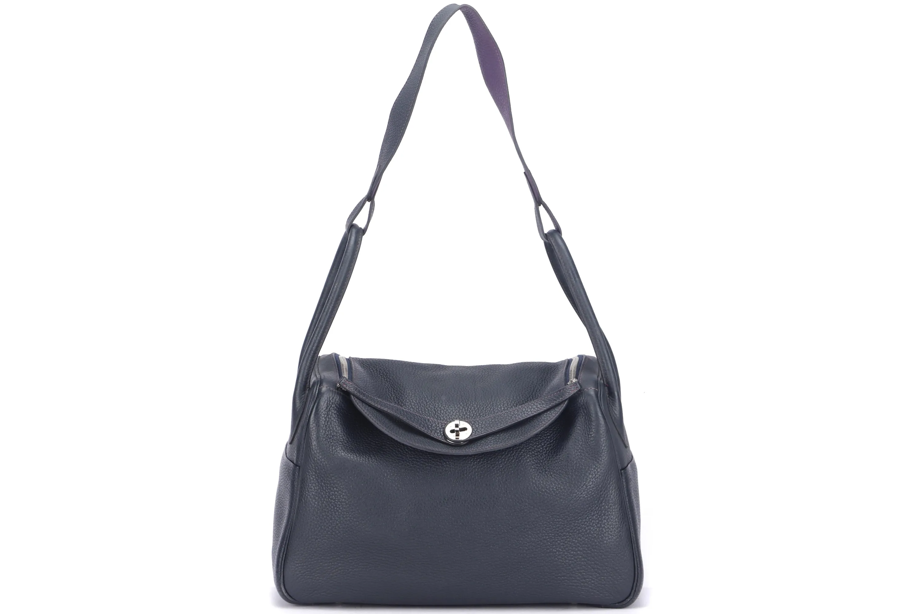 HERMES LINDY 34 (STAMP Q) TWO TONE COLOR DARK BLUE & CASSIS COLOR, SILVER HARDWARE, WITH DUST COVER