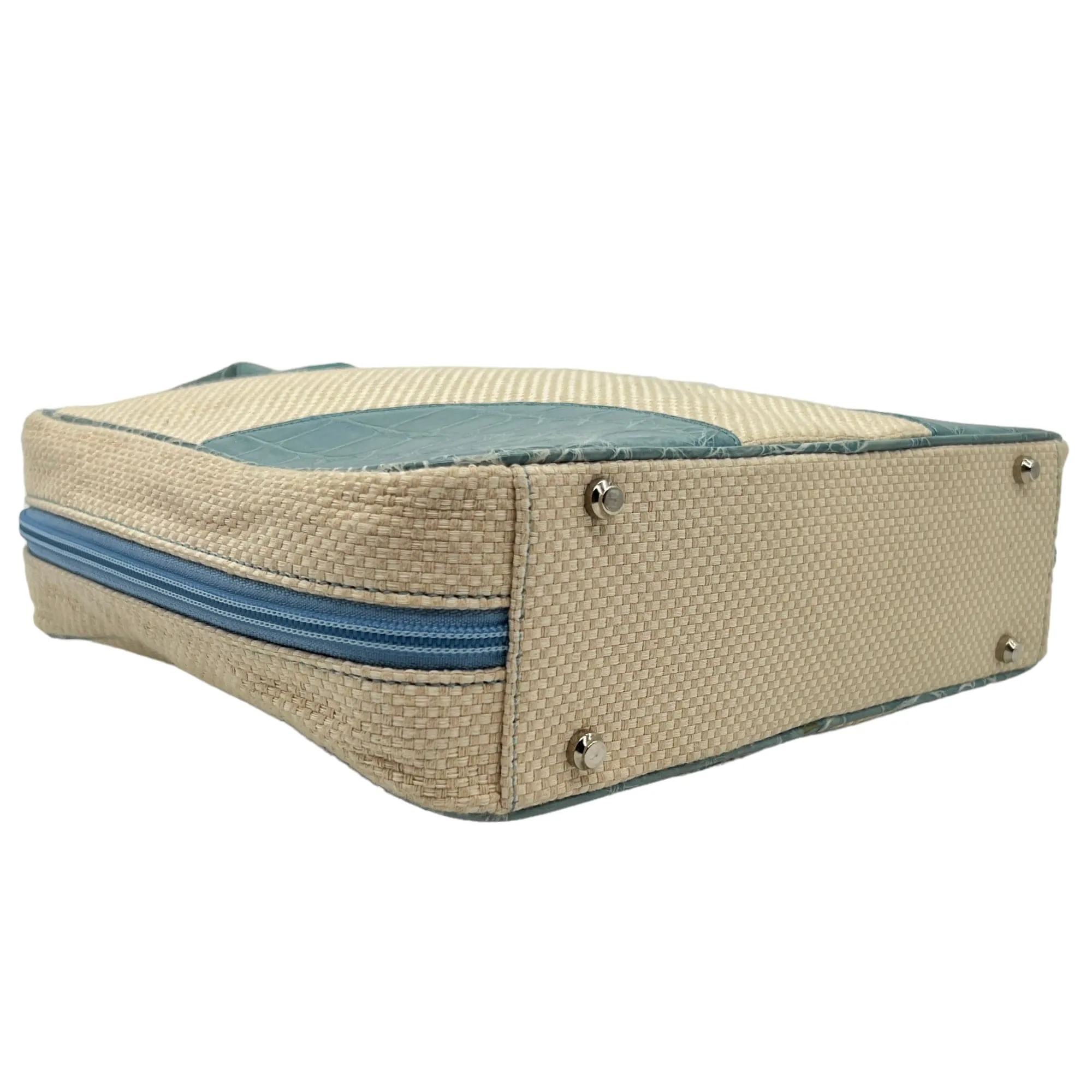 LANA MARKS "Jet" Croc & Linen Convertible Handle Bag - Cream & Blue