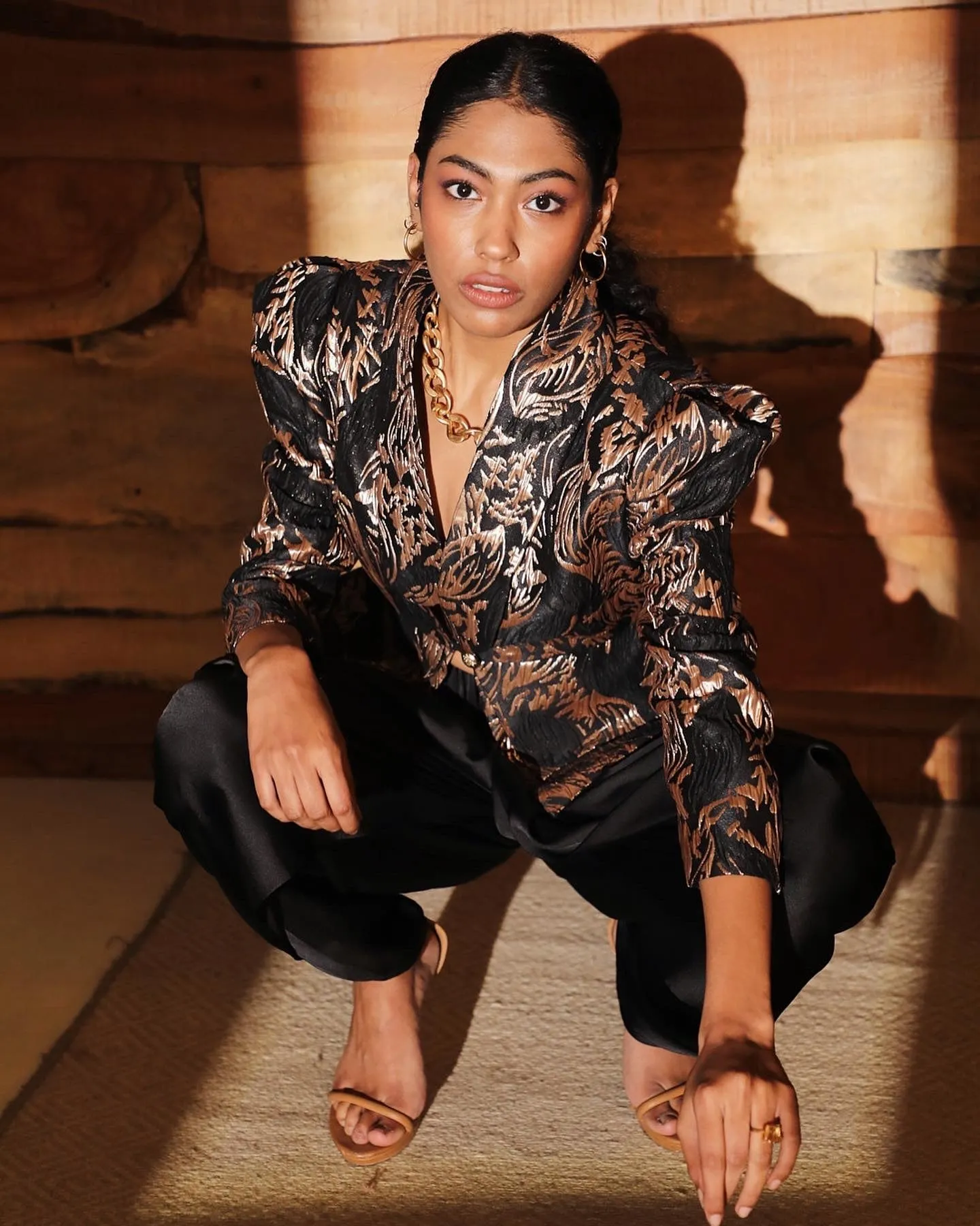 Laurentia Black & Rose Gold Embroidered Jacquard Jacket