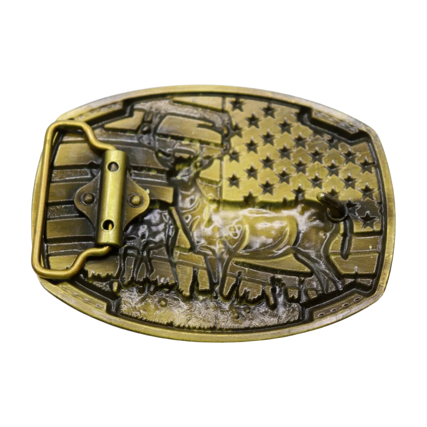 Men Gold Metal Belt Buckle Deer Nature Hunter Western Fashion Accessory USA Flag