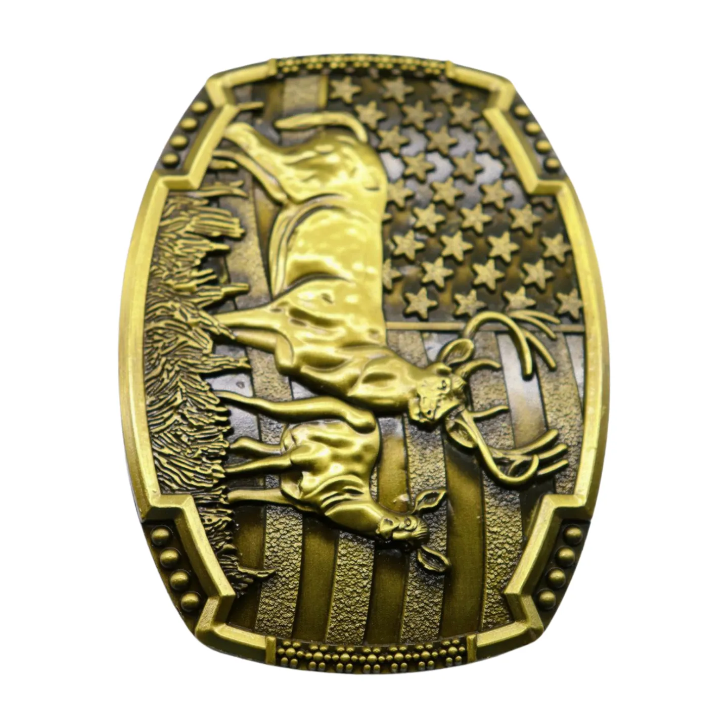 Men Gold Metal Belt Buckle Deer Nature Hunter Western Fashion Accessory USA Flag