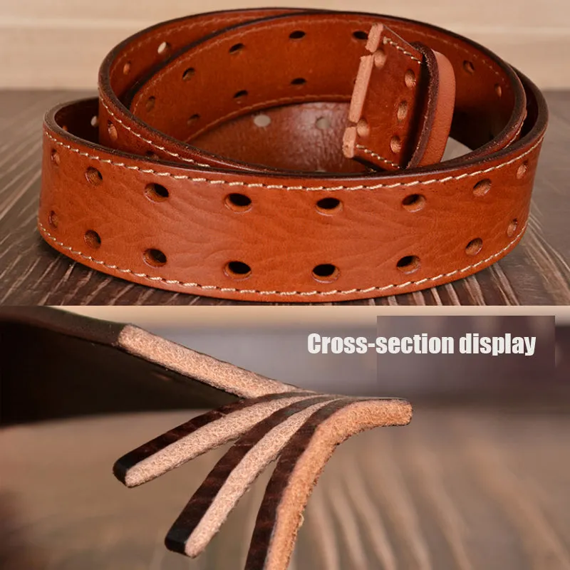 Mens Genuine Full Grain Leather Double Prong Belt, Full Grain Stitched Belts 1.50" Wide | TCZK10