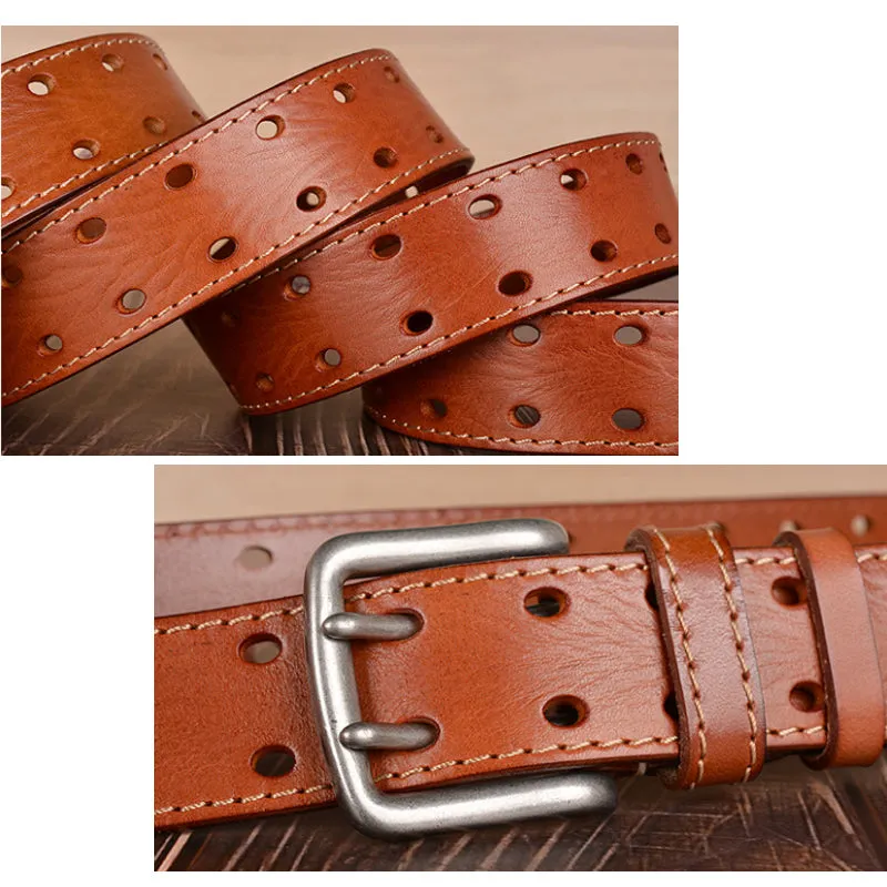 Mens Genuine Full Grain Leather Double Prong Belt, Full Grain Stitched Belts 1.50" Wide | TCZK10