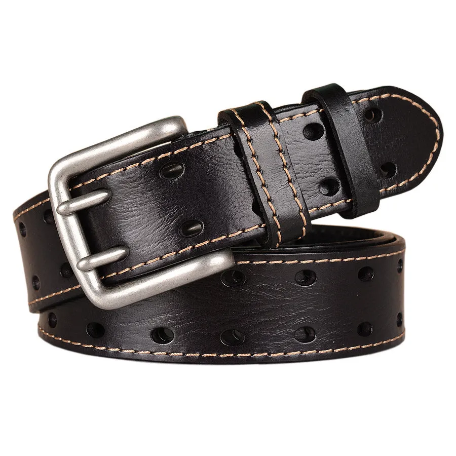 Mens Genuine Full Grain Leather Double Prong Belt, Full Grain Stitched Belts 1.50" Wide | TCZK10