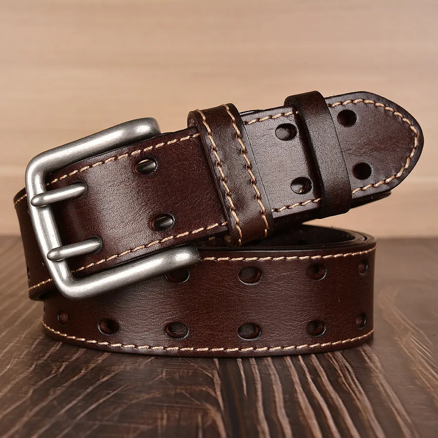 Mens Genuine Full Grain Leather Double Prong Belt, Full Grain Stitched Belts 1.50" Wide | TCZK10