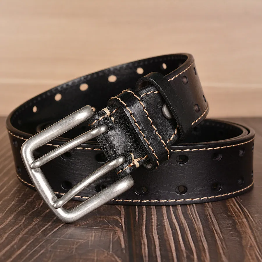 Mens Genuine Full Grain Leather Double Prong Belt, Full Grain Stitched Belts 1.50" Wide | TCZK10