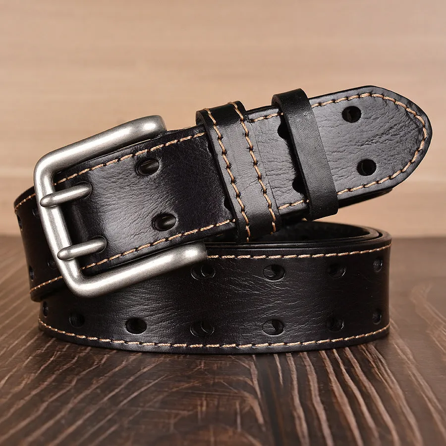 Mens Genuine Full Grain Leather Double Prong Belt, Full Grain Stitched Belts 1.50" Wide | TCZK10