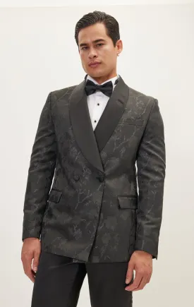 Metallic Floral Double Breasted Tuxedo Jacket - Black