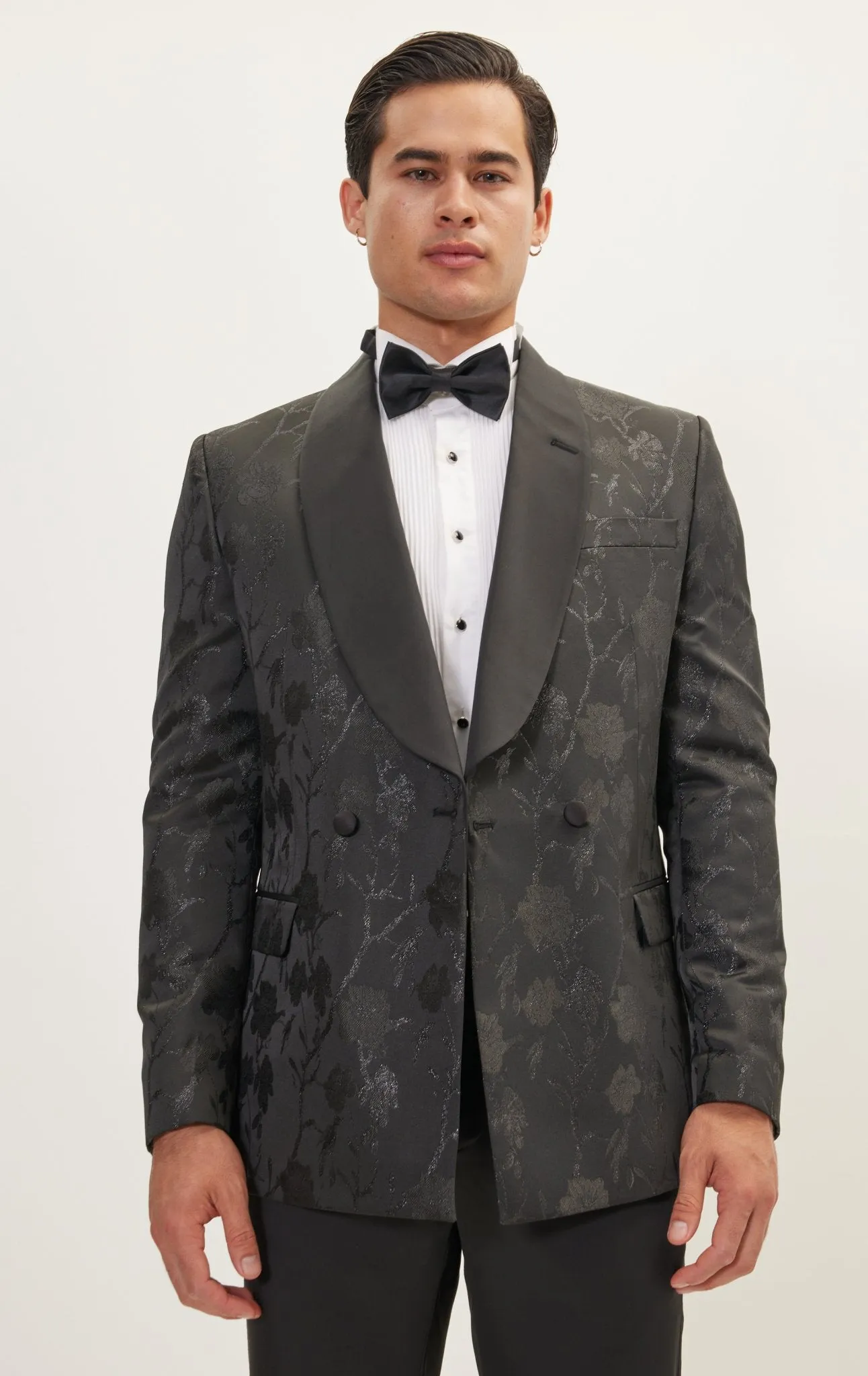 Metallic Floral Double Breasted Tuxedo Jacket - Black