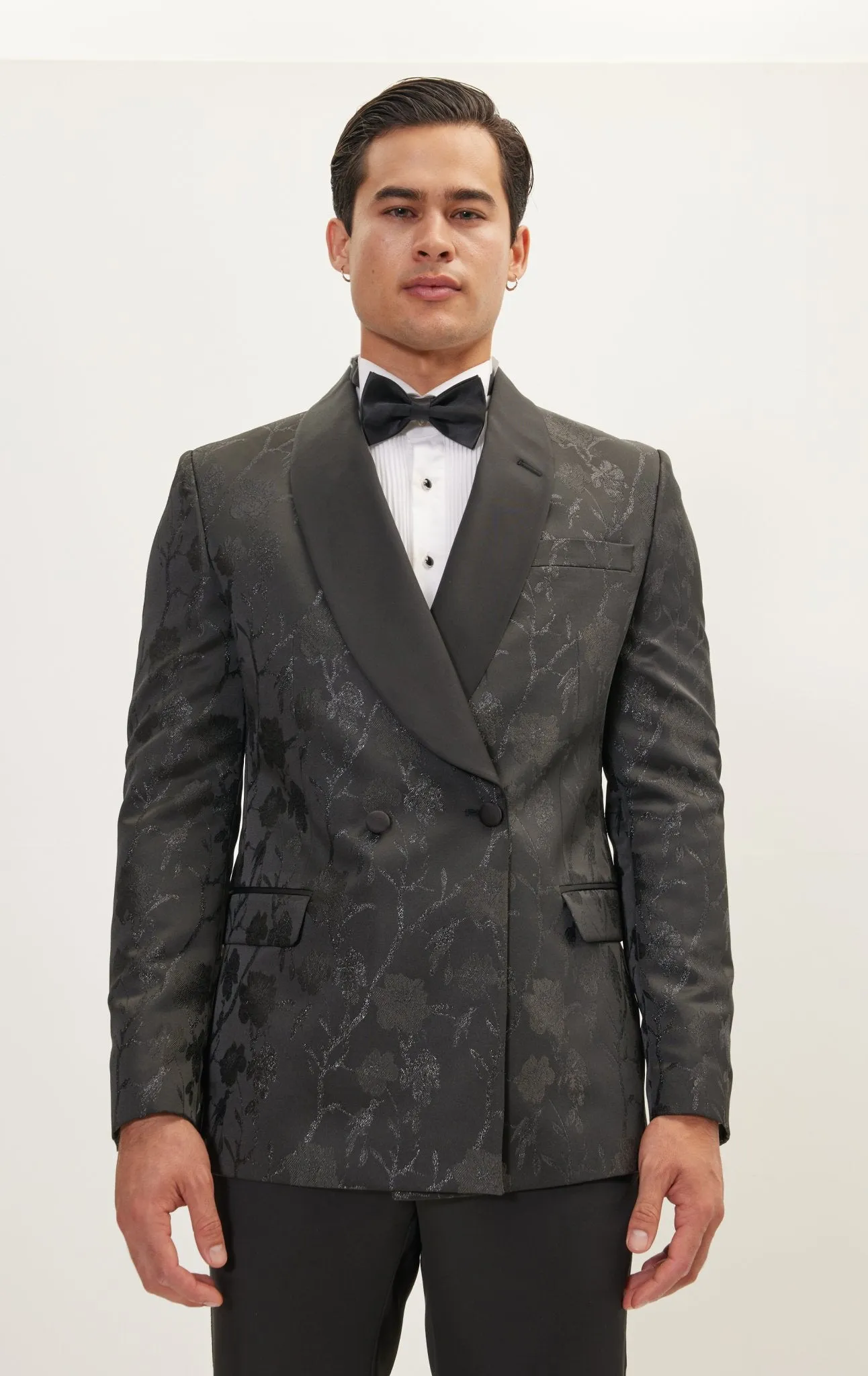 Metallic Floral Double Breasted Tuxedo Jacket - Black