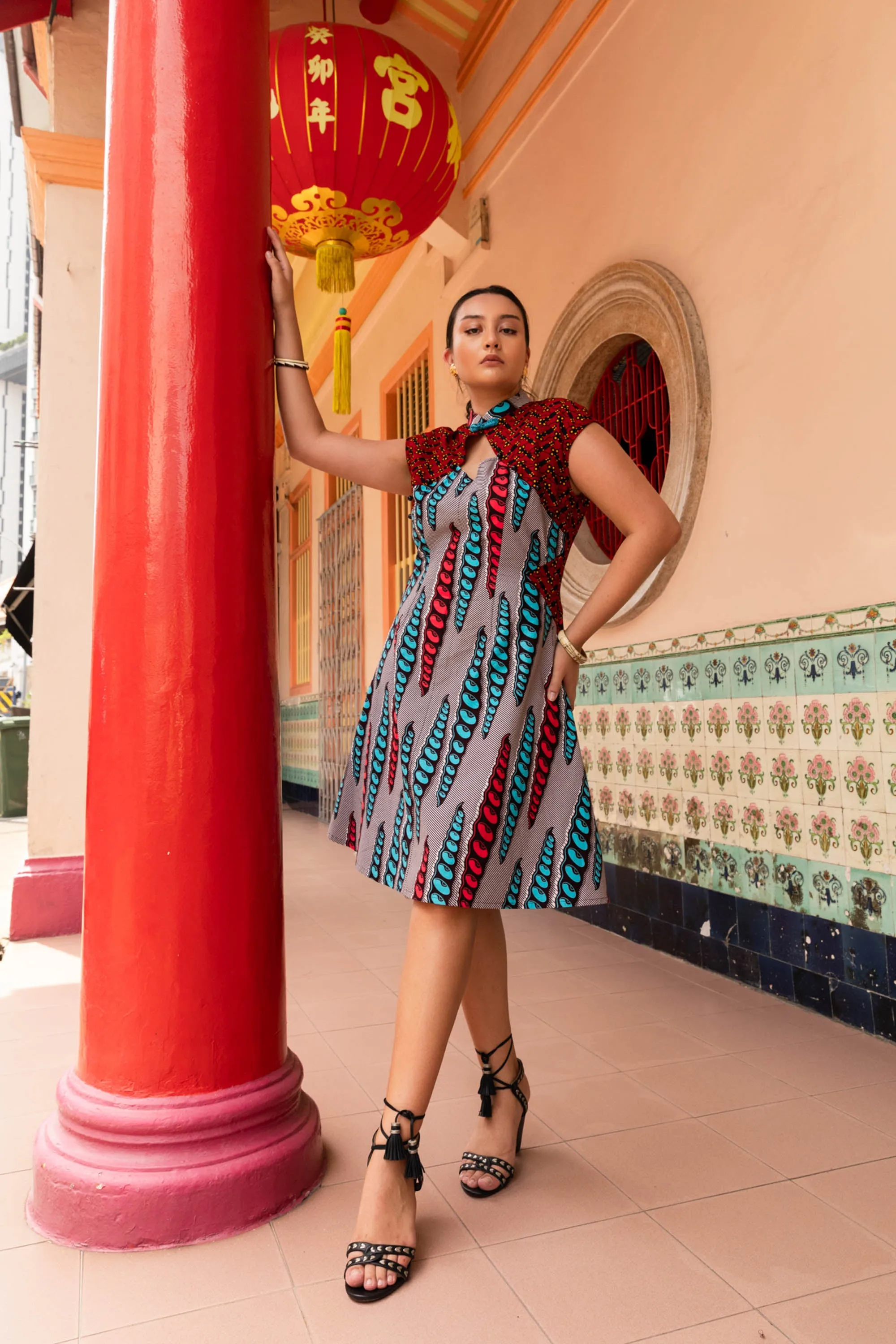 Monifa Dress - Red Blue and Grey African Ankara Wax Cotton Print