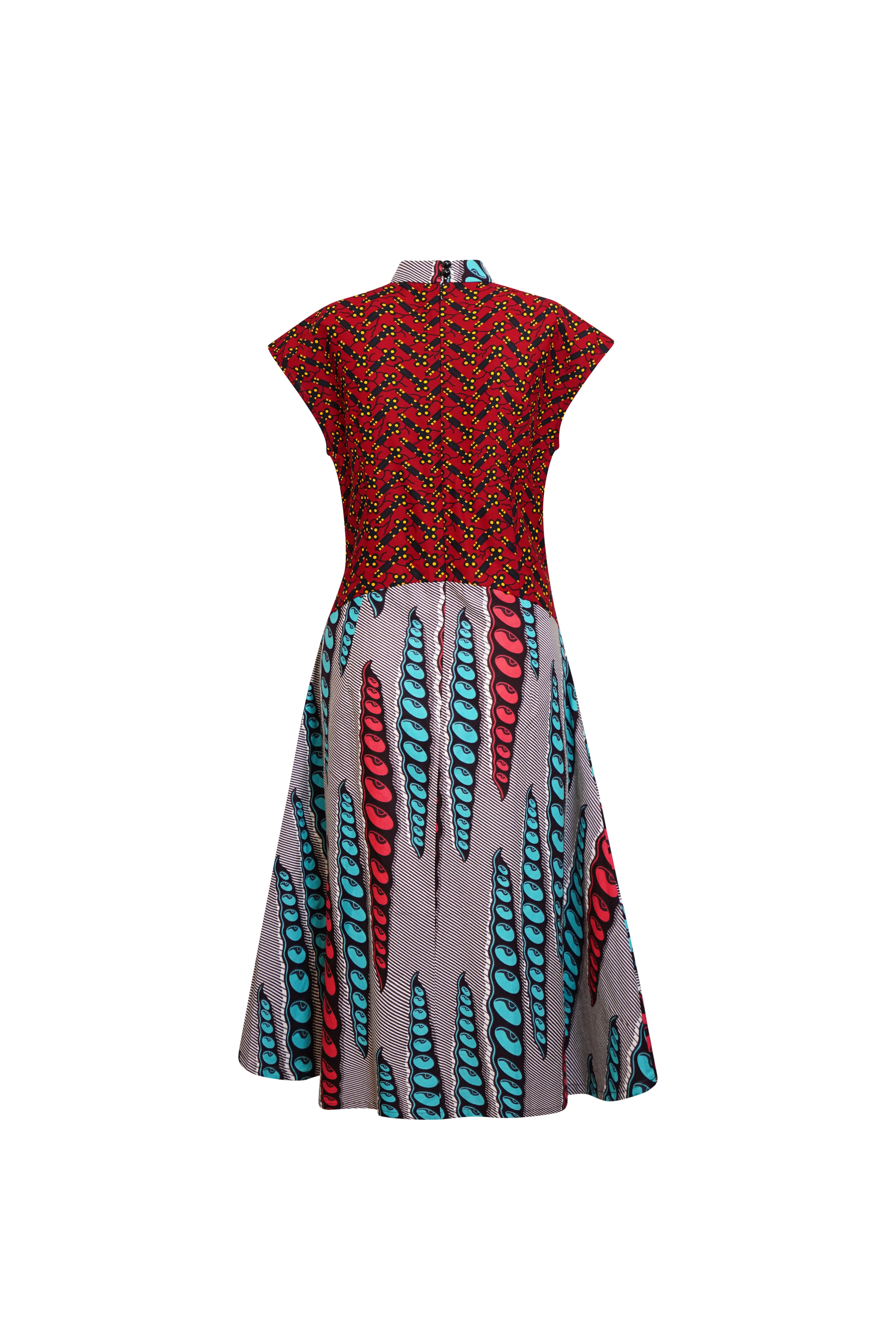 Monifa Dress - Red Blue and Grey African Ankara Wax Cotton Print