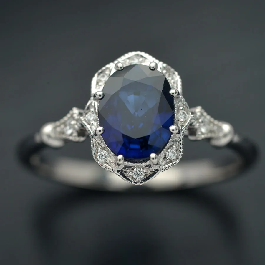 Natural blue sapphire Daisy oval halo engagement ring vintage inspired