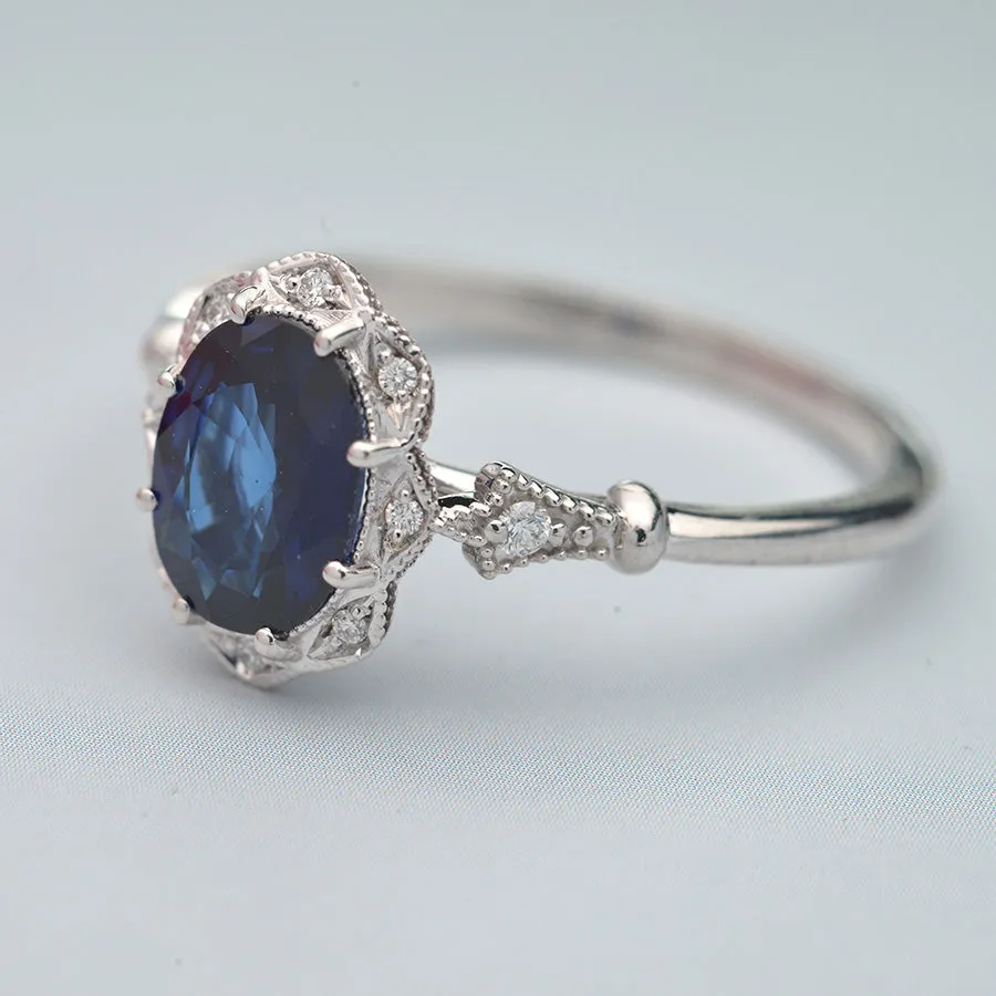 Natural blue sapphire Daisy oval halo engagement ring vintage inspired