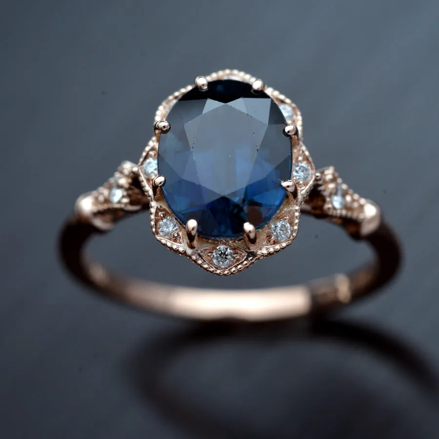 Natural blue sapphire Daisy oval halo engagement ring vintage inspired