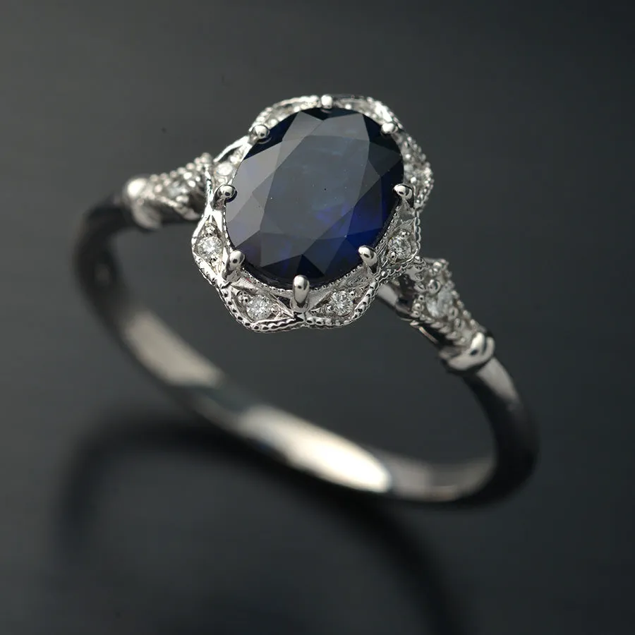 Natural blue sapphire Daisy oval halo engagement ring vintage inspired