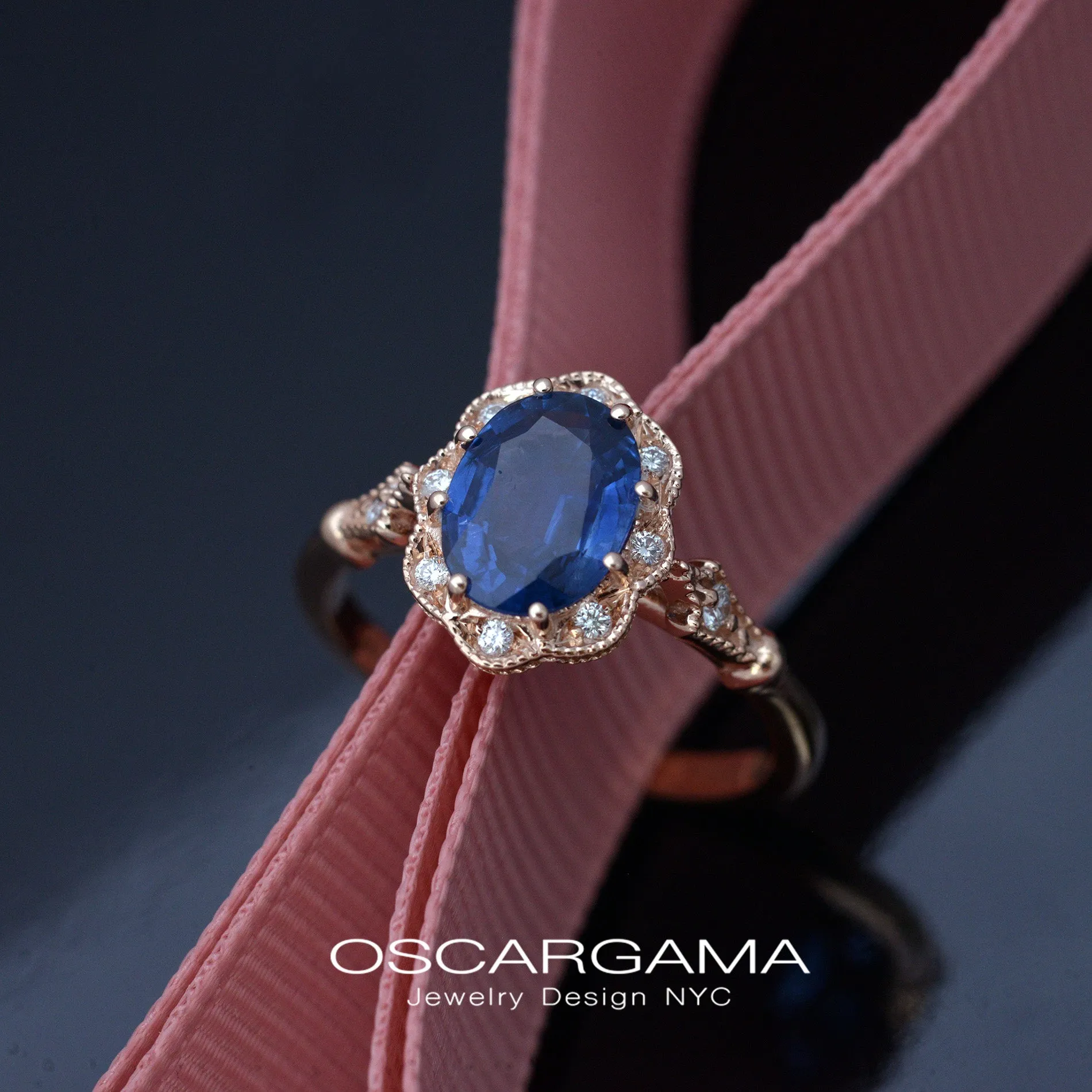 Natural blue sapphire Daisy oval halo engagement ring vintage inspired