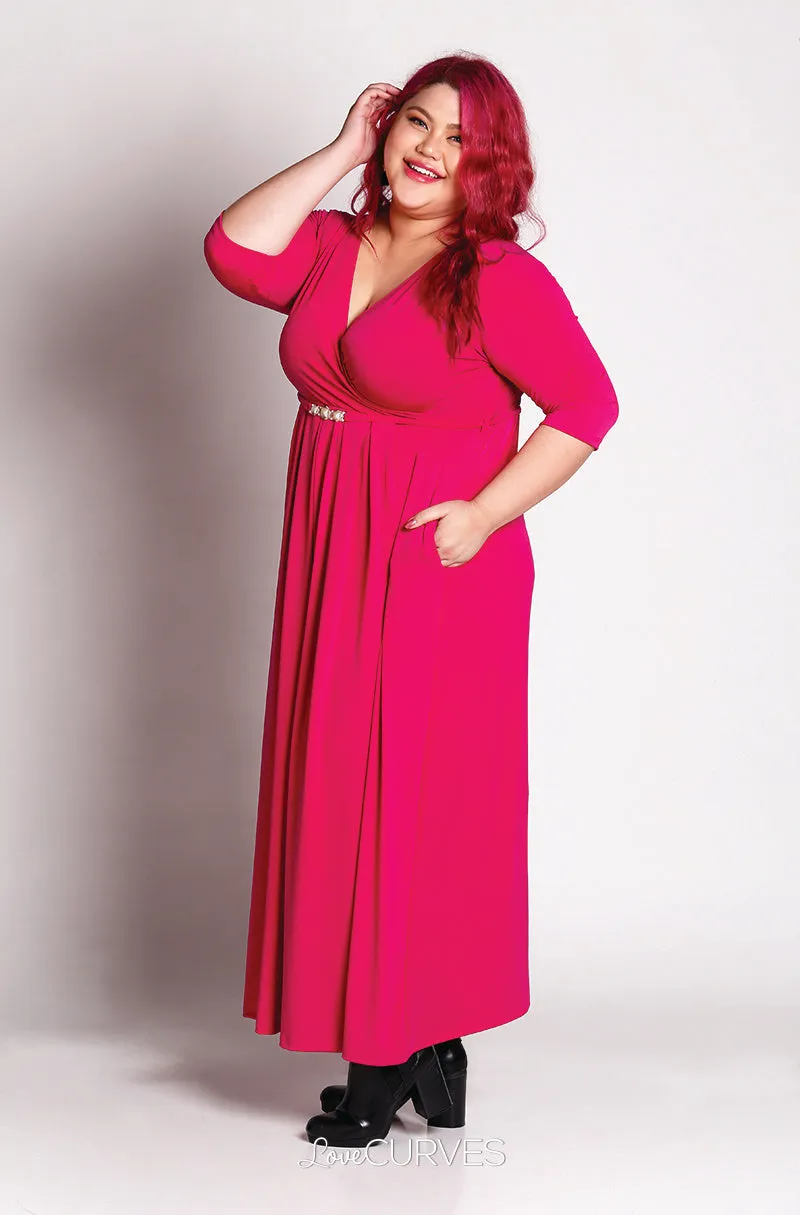 Pleated Wrap Maxi Dress with Charm Belt -Dark Pink - KDR