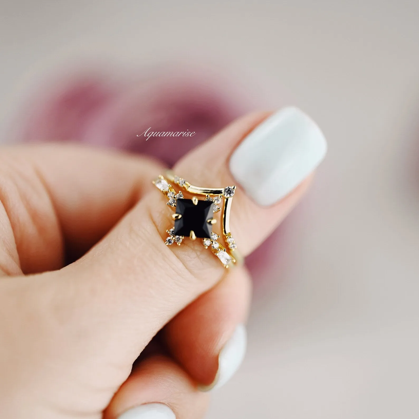 Princess Cut Black Onyx Engagement Ring Set- 14K/18K Solid Yellow Gold