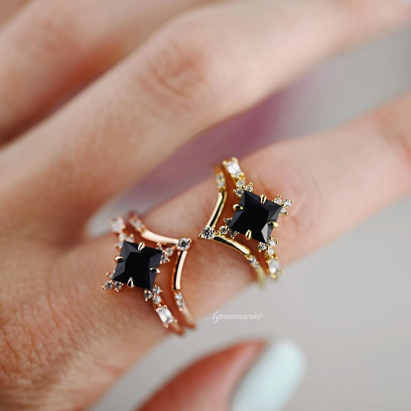 Princess Cut Black Onyx Engagement Ring Set- 14K/18K Solid Yellow Gold