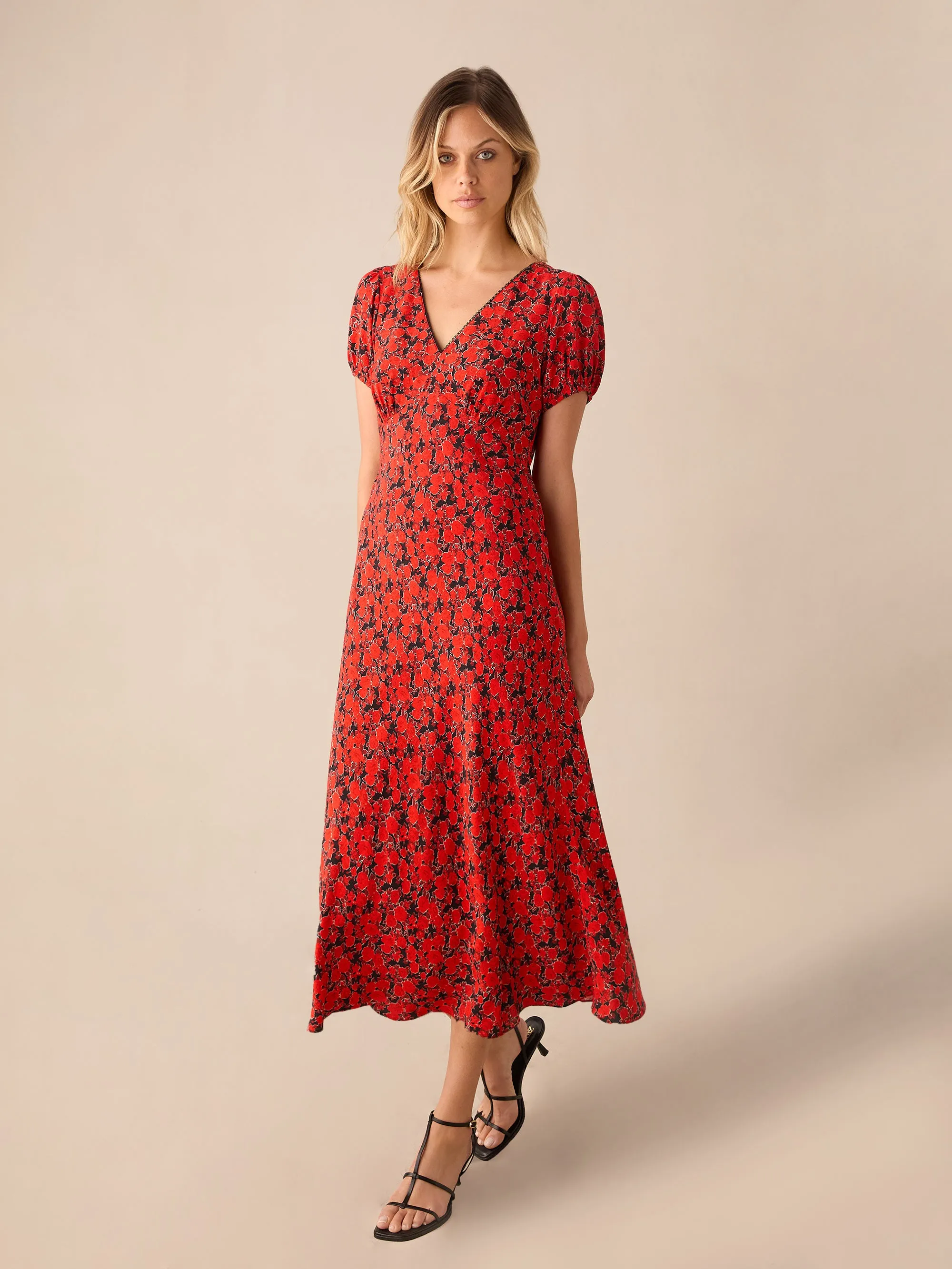 Red Blurred Floral Print Puff Sleeve Midi Dress